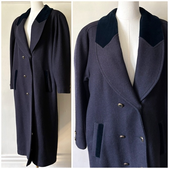 Vintage Navy Wool With Velvet Accent Classic Old Money Full Length Overcoat - Picture 2 of 11